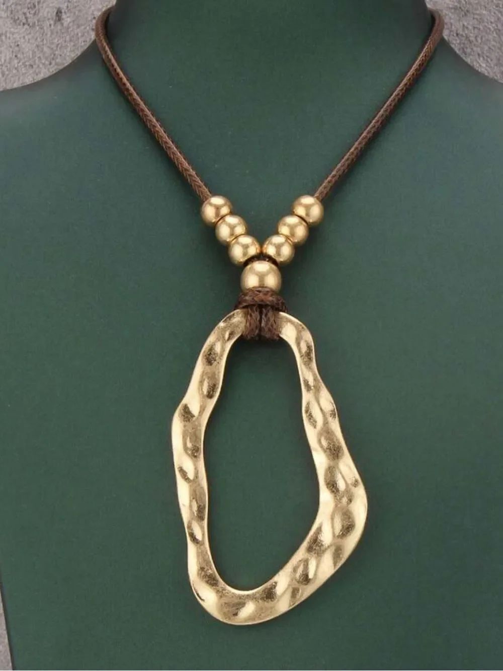 Gold Hammered Pendant Necklace with Brown Cord R705
